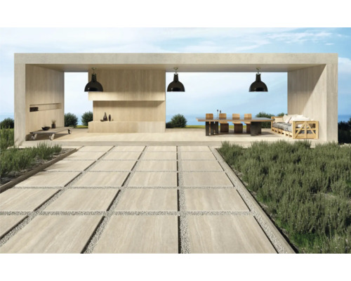 Espace extérieur au design moderne, composé d''un chemin de dalles en pierre, d''un coin salon avec table et banc en bois, et d''une cuisine ouverte.