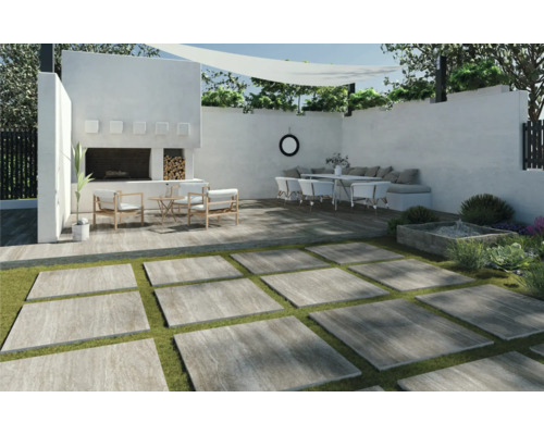 Idée d''aménagement pour un jardin avec dalles de terrasse, sièges et espace barbecue