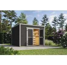 Abri de jardin avec portes doubles ouvertes et étagères à l''intérieur