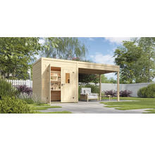 Scène de jardin avec une maison de jardin en bois avec annexe