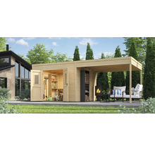 Abri de jardin en bois avec remise à outils, cheminée et coin salon dans le jardin