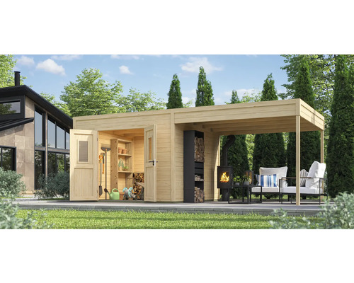 Abri de jardin en bois avec remise à outils, cheminée et coin salon dans le jardin