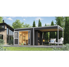 Abri de jardin avec outils, poêle à bois et coin salon extérieur