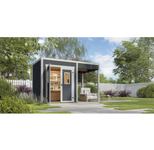 Abri de jardin moderne avec portes ouvertes et terrasse couverte dans un jardin.