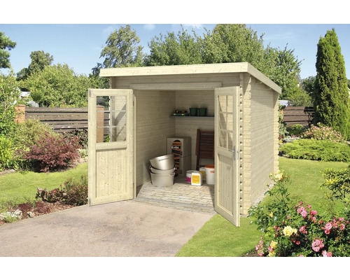 Abri de jardin Outdoor Life Indi 250 x 213,1 cm nature Abri de jardin en bois avec portes doubles ouvertes dans le jardin