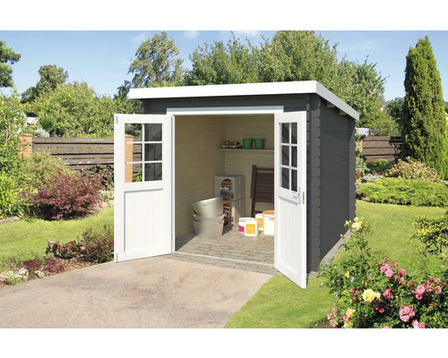 Abri de jardin Outdoor Life Indi 250 x 213,1 cm gris carbone Abri de jardin avec double porte dans le jardin