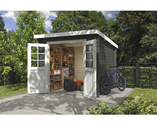 Abri de jardin Outdoor Life Indi 250 x 268,7 cm gris vert Abri de jardin en bois avec étagères, tondeuse à gazon et un vélo dans le jardin