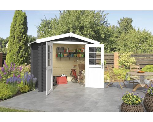 Abri de jardin Outdoor Life Ingo 262,1 x 195 cm gris carbone Jardin avec abri de jardin, mobilier de jardin et plantations.