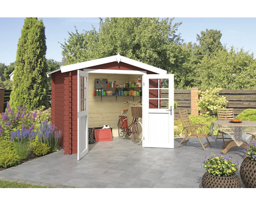 Abri de jardin Outdoor Life Ingo 262,1 x 195 cm rouge de falun Jardin avec abri de jardin, portes ouvertes et accessoires de jardin