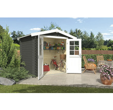 Abri de jardin en bois avec portes ouvertes et vélos à l''intérieur