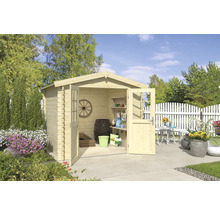 Abri de jardin avec portes doubles ouvertes et décoration de jardin