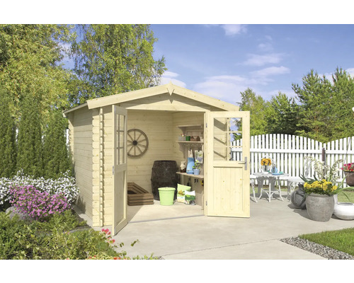 Abri de jardin Outdoor Life Ingo 262,1 x 250 cm naturel Abri de jardin avec portes doubles ouvertes et décoration de jardin