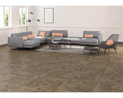 Salon avec canapé d''angle gris, tables basses et parquet