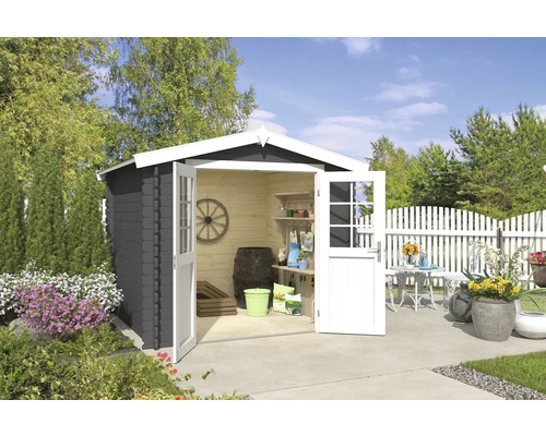 Abri de jardin Outdoor Life Ingo 262,1 x 250 cm gris carbone Abri de jardin avec portes doubles ouvertes, intérieur avec étagères et décoration, mobilier de jardin à l''extérieur