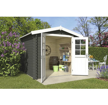 Abri de jardin avec portes doubles ouvertes et outils de jardin à l''intérieur