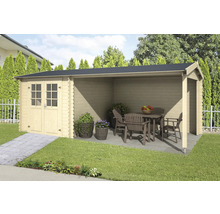 Abri de jardin avec terrasse couverte et mobilier de jardin sur pelouse