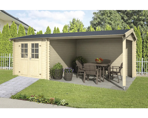 Abri de jardin Outdoor Life Ivana avec avancée de toit avec paroi arrière 590 x 312,6 cm nature Abri de jardin avec terrasse couverte et mobilier de jardin sur pelouse