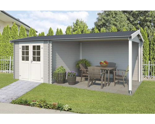 Abri de jardin Outdoor Life Ivana avec avancée de toit avec paroi arrière 590 x 312,6 cm gris clair Abri de jardin avec terrasse couverte et mobilier de jardin à l''extérieur