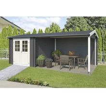 Abri de jardin avec terrasse couverte et coin salon dans le jardin