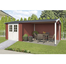 Abri de jardin en bois avec terrasse couverte et mobilier de jardin à l''extérieur