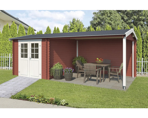 Abri de jardin Outdoor Life Ivana avec avancée de toit avec paroi arrière 590 x 312,6 cm rouge de falun Abri de jardin en bois avec terrasse couverte et mobilier de jardin à l''extérieur