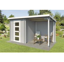 Abri de jardin gris avec terrasse couverte et mobilier de jardin sur la terrasse