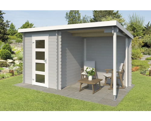 Abri de jardin Outdoor Life Jelle Plus avec extension 390 x 213,1 cm gris clair Abri de jardin gris avec terrasse couverte et mobilier de jardin sur la terrasse