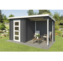 Abri de jardin avec auvent, mobilier de jardin et porte avec inserts en verre