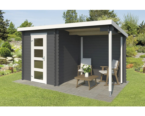 Abri de jardin Outdoor Life Jelle Plus avec extension 390 x 213,1 cm gris carbone Abri de jardin avec auvent, mobilier de jardin et porte avec inserts en verre