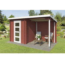 Maison de jardin en bois avec véranda et mobilier de terrasse sur pelouse