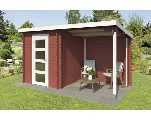 Abri de jardin Outdoor Life Jelle Plus avec extension 390 x 213,1 cm rouge de falun Maison de jardin en bois avec véranda et mobilier de terrasse sur pelouse