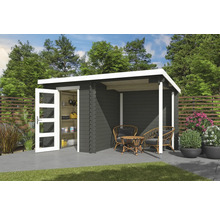 Abri de jardin avec porte ouverte et coin salon