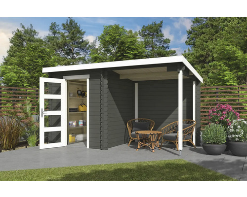 Abri de jardin Outdoor Life Jelle Plus avec extension 390 x 213,1 cm gris vert Abri de jardin avec porte ouverte et coin salon