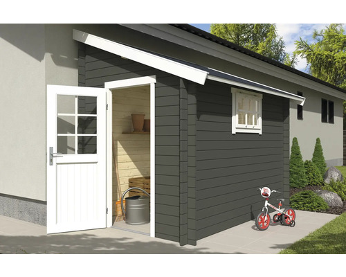 Abri de jardin avec porte ouverte, fenêtre et vélo d''enfant