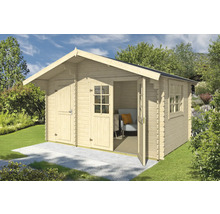 Abri de jardin en bois avec double porte et fenêtres dans le jardin