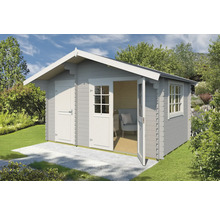 Abri de jardin avec porte double et porte simple dans le jardin