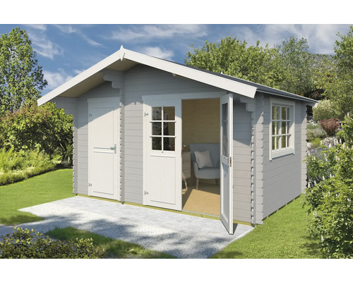 Abri de jardin Outdoor Life Keila avec plancher 426,6 x 340 cm gris clair Abri de jardin avec porte double et porte simple dans le jardin