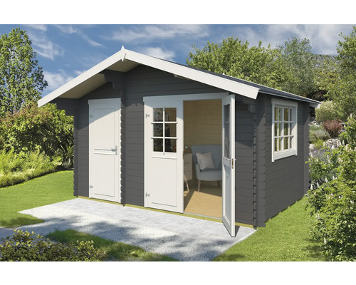 Abri de jardin Outdoor Life Keila avec plancher 426,6 x 340 cm gris carbone Cabane de jardin grise avec toit, porte et fenêtre blanches dans un jardin verdoyant