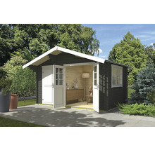 Abri de jardin avec porte double et fenêtre dans le jardin