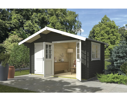 Abri de jardin Outdoor Life Keila avec plancher 426,6 x 340 cm gris vert Abri de jardin avec porte double et fenêtre dans le jardin