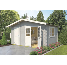 Maison de jardin grise avec porte double et fenêtre dans le jardin