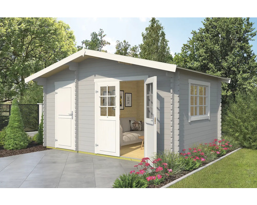 Abri de jardin Outdoor Life Keila avec plancher 475,9 x 350 cm gris clair Maison de jardin grise avec porte double et fenêtre dans le jardin