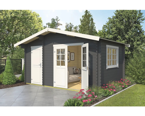 Abri de jardin gris avec double porte et fenêtre