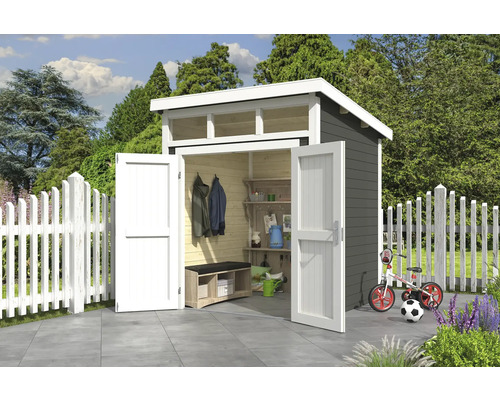 Abri de jardin Outdoor Life Kibo 1 220 x 223,5 cm gris vert Abri de jardin en bois avec double porte, imposte et outils de jardin dans le jardin