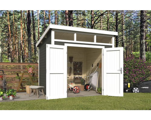 Abri de jardin Outdoor Life Kibo 3 270 x 274,1 cm gris vert Abri de jardin avec portes doubles ouvertes, outils de jardin et tondeuse à gazon dans le jardin