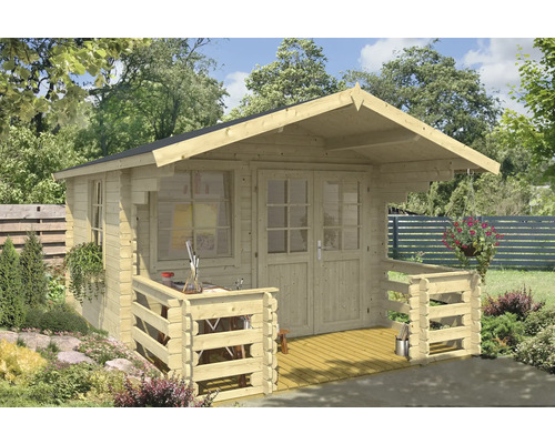 Abri de jardin Outdoor Life Lola avec plancher, terrasse, jardinière 340,4 x 470 cm nature Abri de jardin en bois avec véranda, fenêtre et porte double