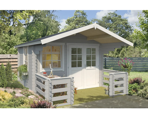 Abri de jardin Outdoor Life Lola avec plancher, terrasse, jardinière 340,4 x 470 cm gris clair Abri de jardin en bois avec véranda et fenêtres