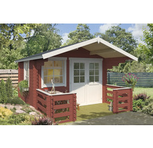 Abri de jardin en bois avec fenêtre et porte double dans le jardin