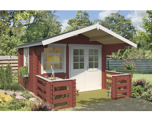 Abri de jardin Outdoor Life Lola avec plancher, terrasse, jardinière 340,4 x 470 cm rouge de falun Abri de jardin en bois avec fenêtre et porte double dans le jardin