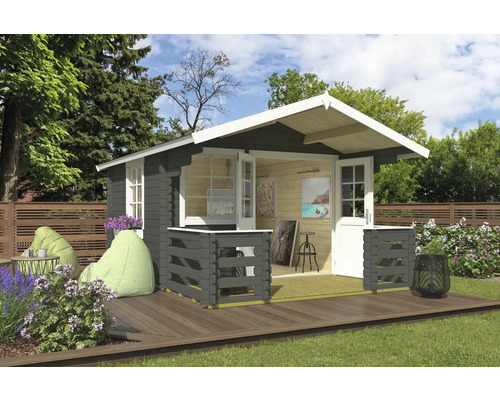 Abri de jardin Outdoor Life Lola avec plancher, terrasse, jardinière 340,4 x 470 cm gris vert Abri de jardin avec terrasse, fenêtres et portes ouvertes dans un jardin
